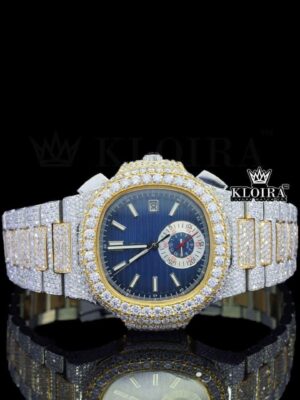 Diamond Bezel Blue Chronograph Dial Two Tone Moissanite Watch