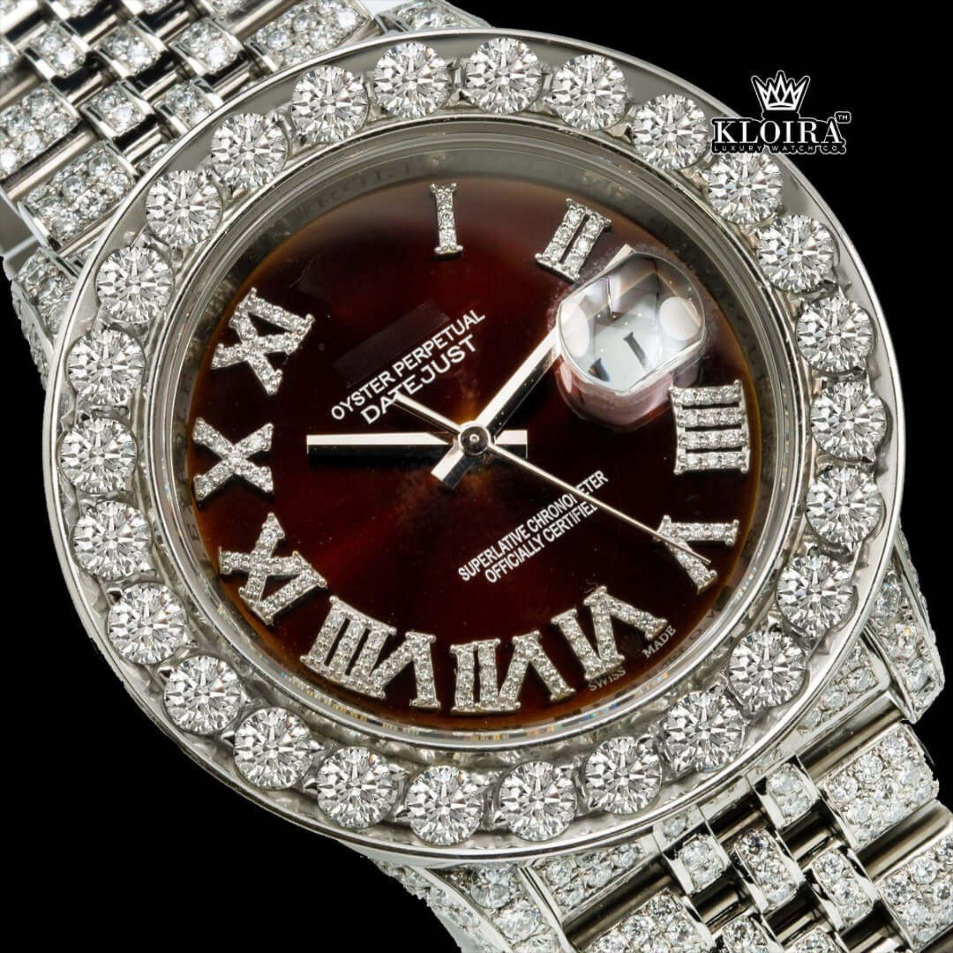 Diamond Bezel Brown Dial Roman Numerals Fully Iced Moissanite Watch Close Up Dial View