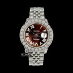 Diamond Bezel Brown Dial Roman Numerals Fully Iced Moissanite Watch Front View