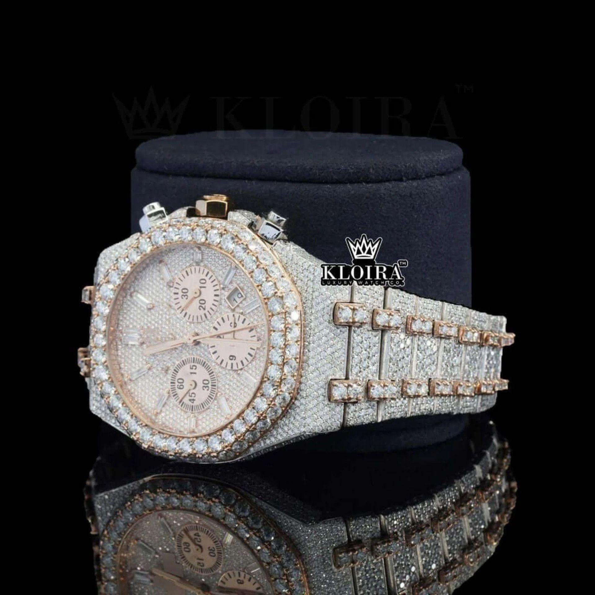 Diamond Bezel Chronograph Dial Two Tone Rose Gold Moissanite Watch Left Profile View
