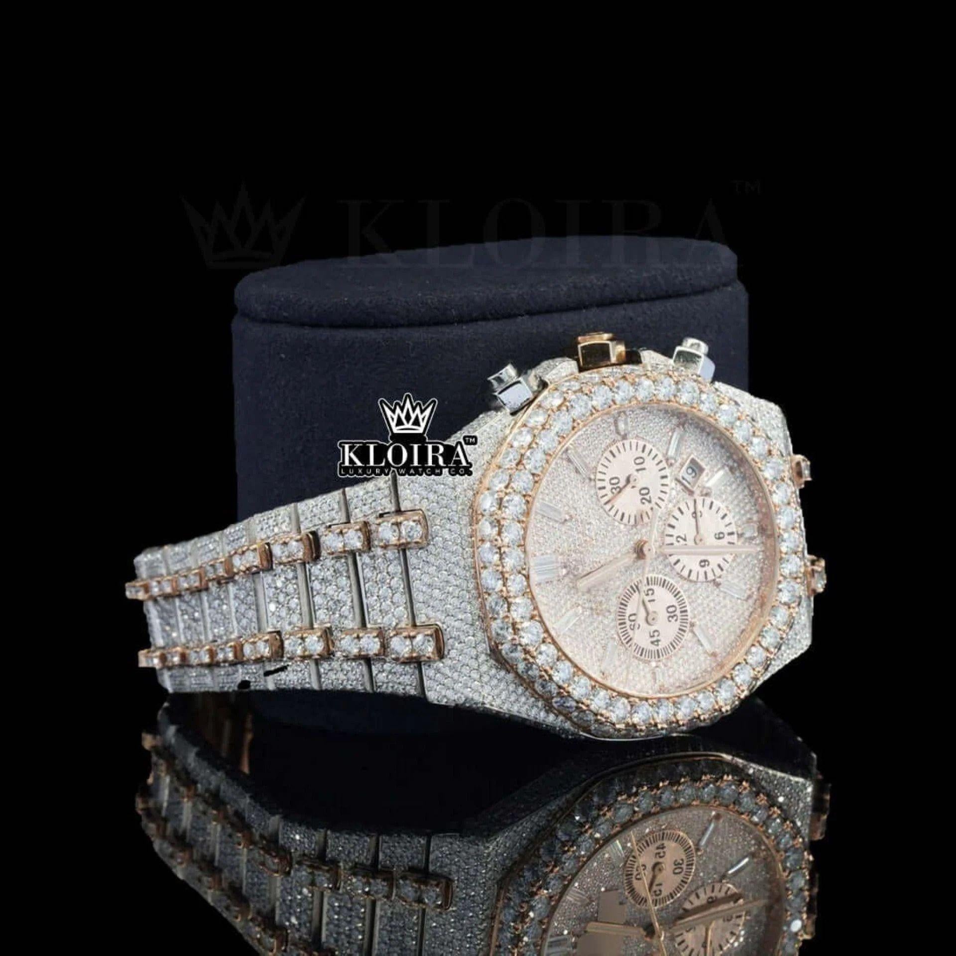 Diamond Bezel Chronograph Dial Two Tone Rose Gold Moissanite Watch Right Profile View