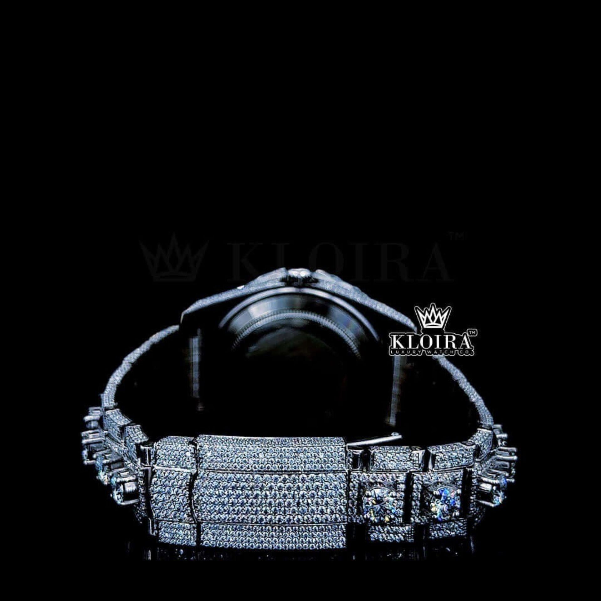 Diamond Bezel Dual Time Stick Markers Dial Fully Iced Out Moissanite Watch Caseback View