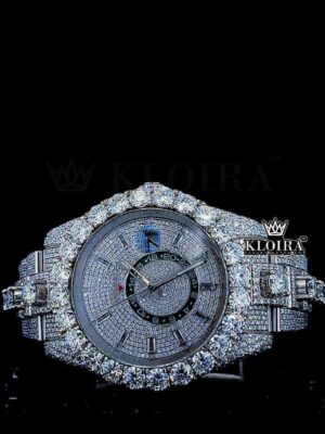 Diamond Bezel Dual Time Stick Markers Dial Fully Iced Out Moissanite Watch