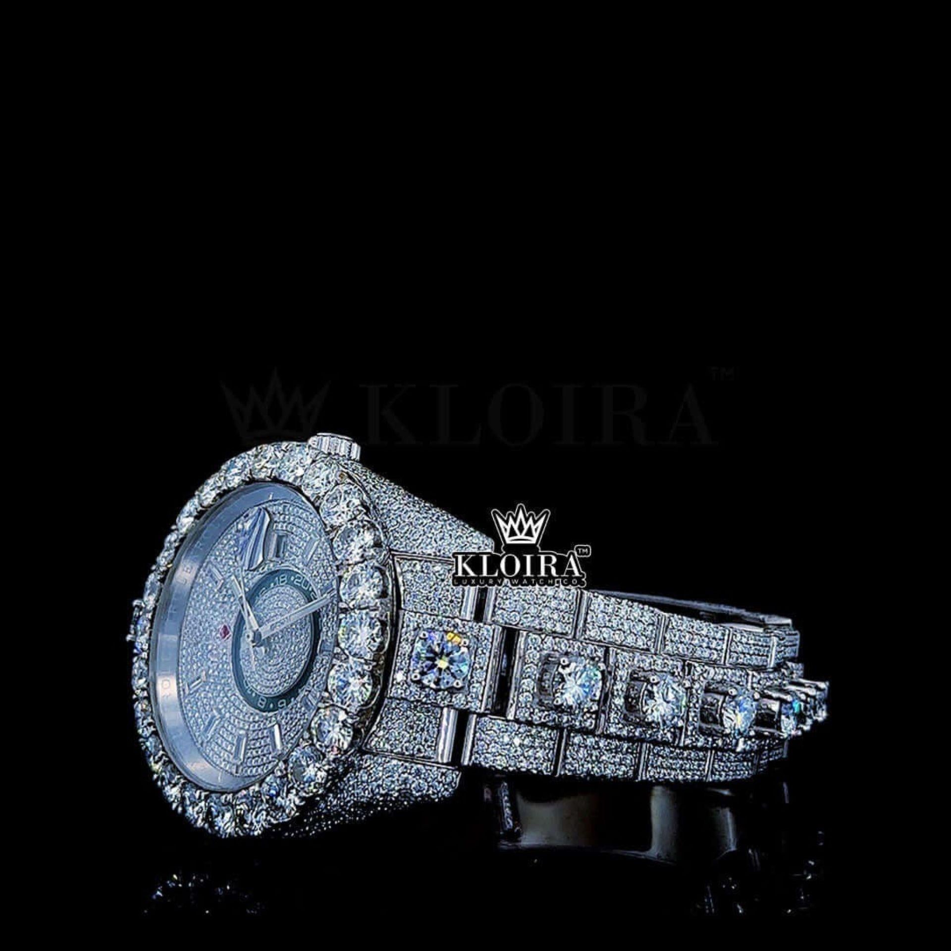Diamond Bezel Dual Time Stick Markers Dial Fully Iced Out Moissanite Watch Left Profile View