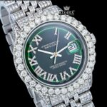 Diamond Bezel Green Roman Dial Full Iced Out Moissanite Watch Close Up Dial View