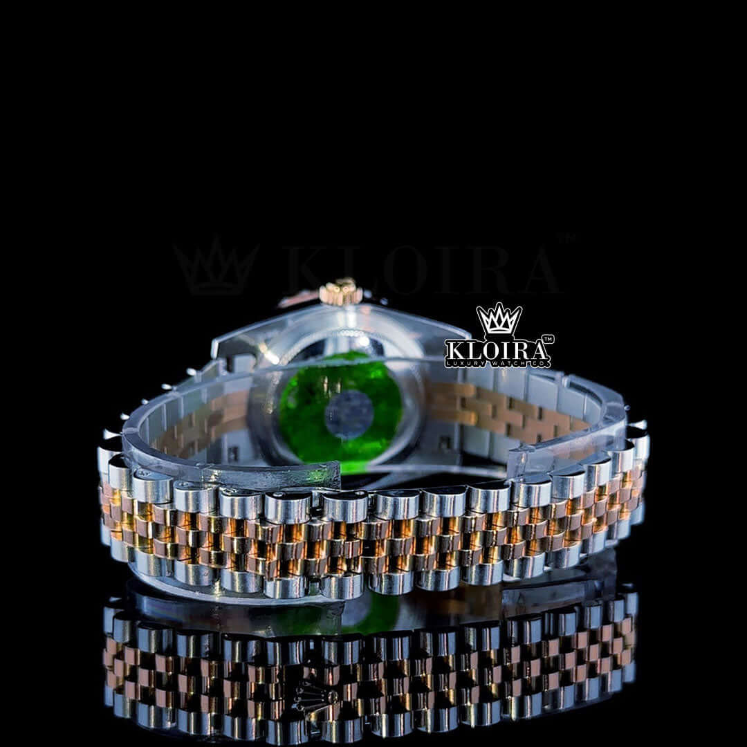 Diamond Bezel Pearl White Dial Two Tone Link Strap Moissanite Watch Caseback View