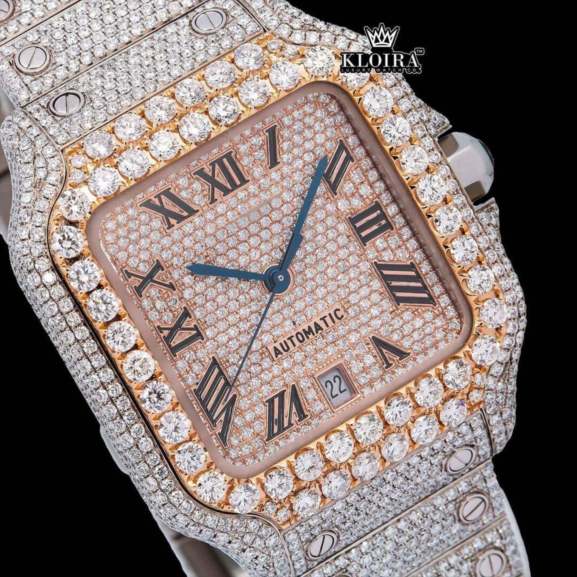 Diamond Bezel Roman Dial Rose Gold Two Tone Moissanite Watch Close Up Dial View