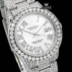 Diamond Bezel White Roman Dial Fully Iced Out Moissanite Watch Close Up Dial View