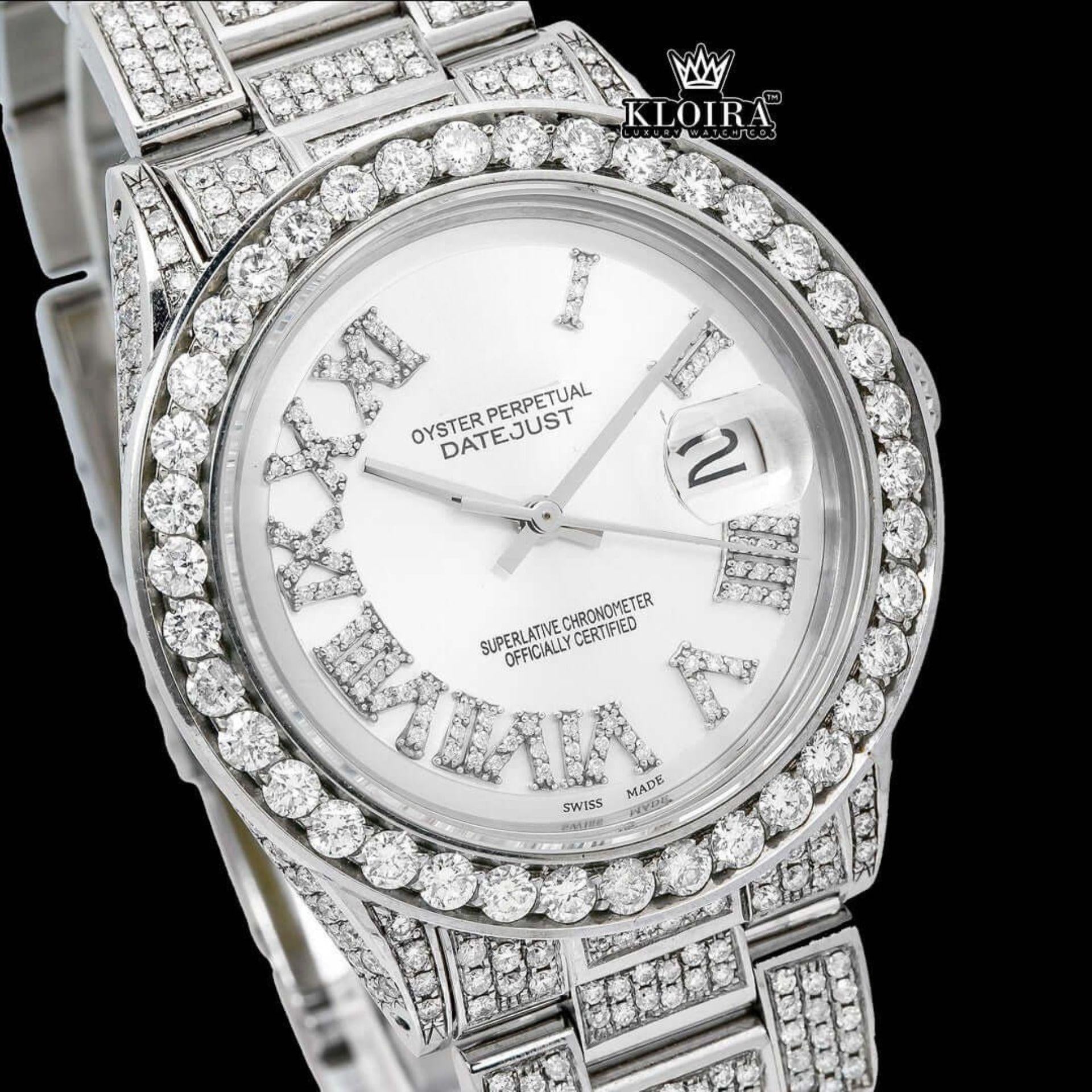 Diamond Bezel White Roman Dial Fully Iced Out Moissanite Watch Close Up Dial View