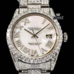 Diamond Bezel White Roman Dial Fully Iced Out Moissanite Watch Close Up Front View