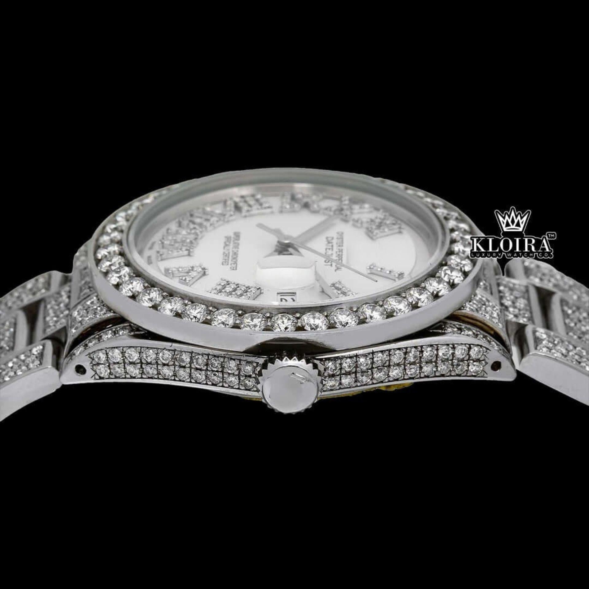 Diamond Bezel White Roman Dial Fully Iced Out Moissanite Watch Crown View
