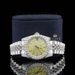 Diamond Bezel Yellow Dial Stick Markers Fully Iced Out Moissanite Watch Close Up Front View