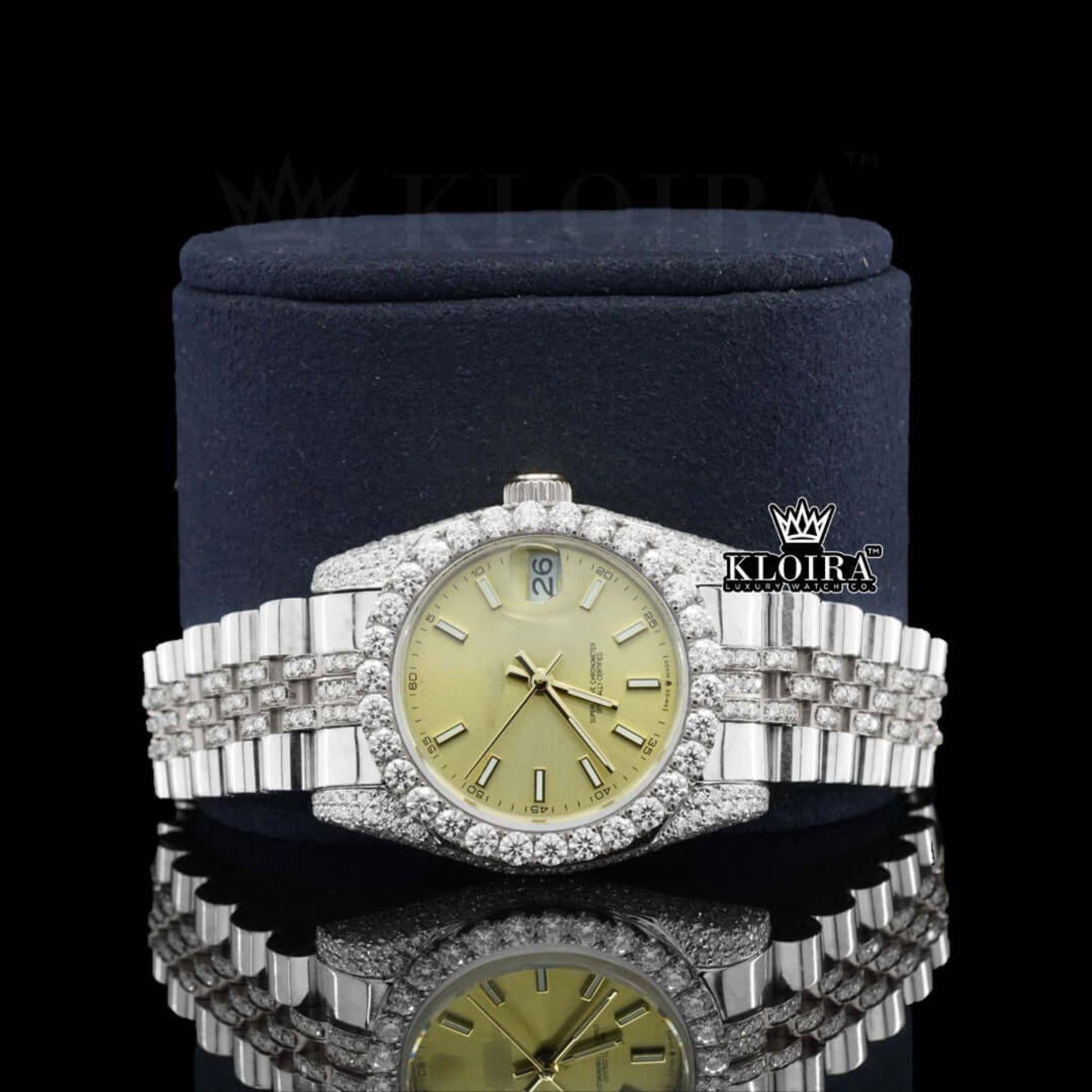 Diamond Bezel Yellow Dial Stick Markers Fully Iced Out Moissanite Watch Close Up Front View