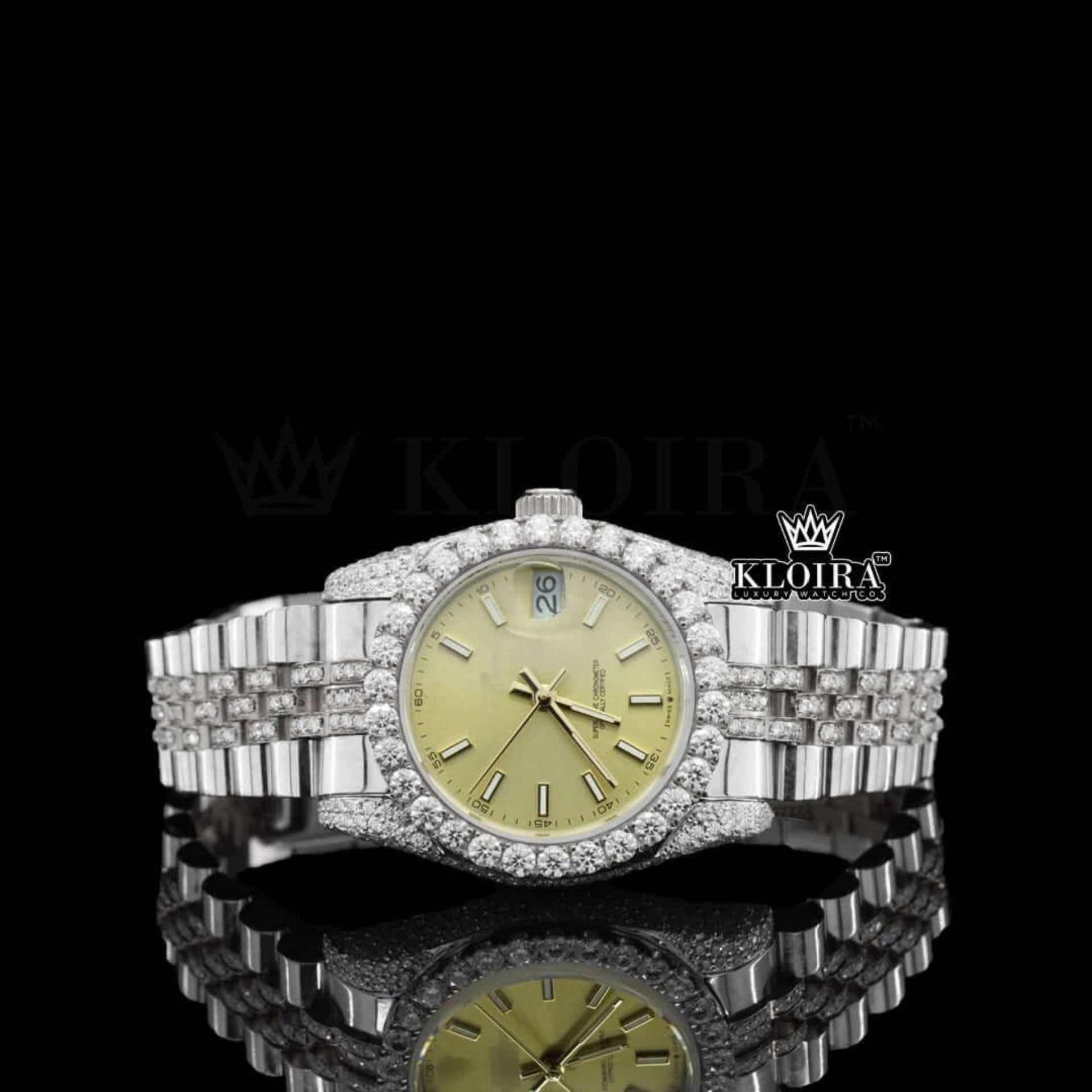 Diamond Bezel Yellow Dial Stick Markers Fully Iced Out Moissanite Watch Front View