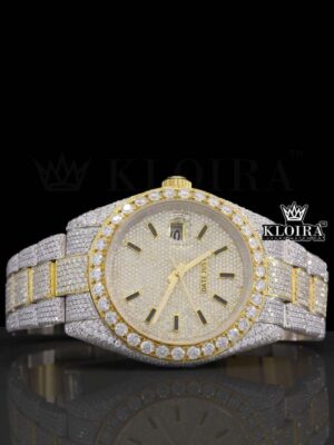 Diamond Bezel Yellow Gold Stick Markers Dial Two Tone Moissanite Watch