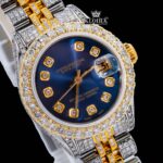 Diamond Marker Blue Dial Two Tone Iced Out Moissanite Diamond Watch Close Up Dial View