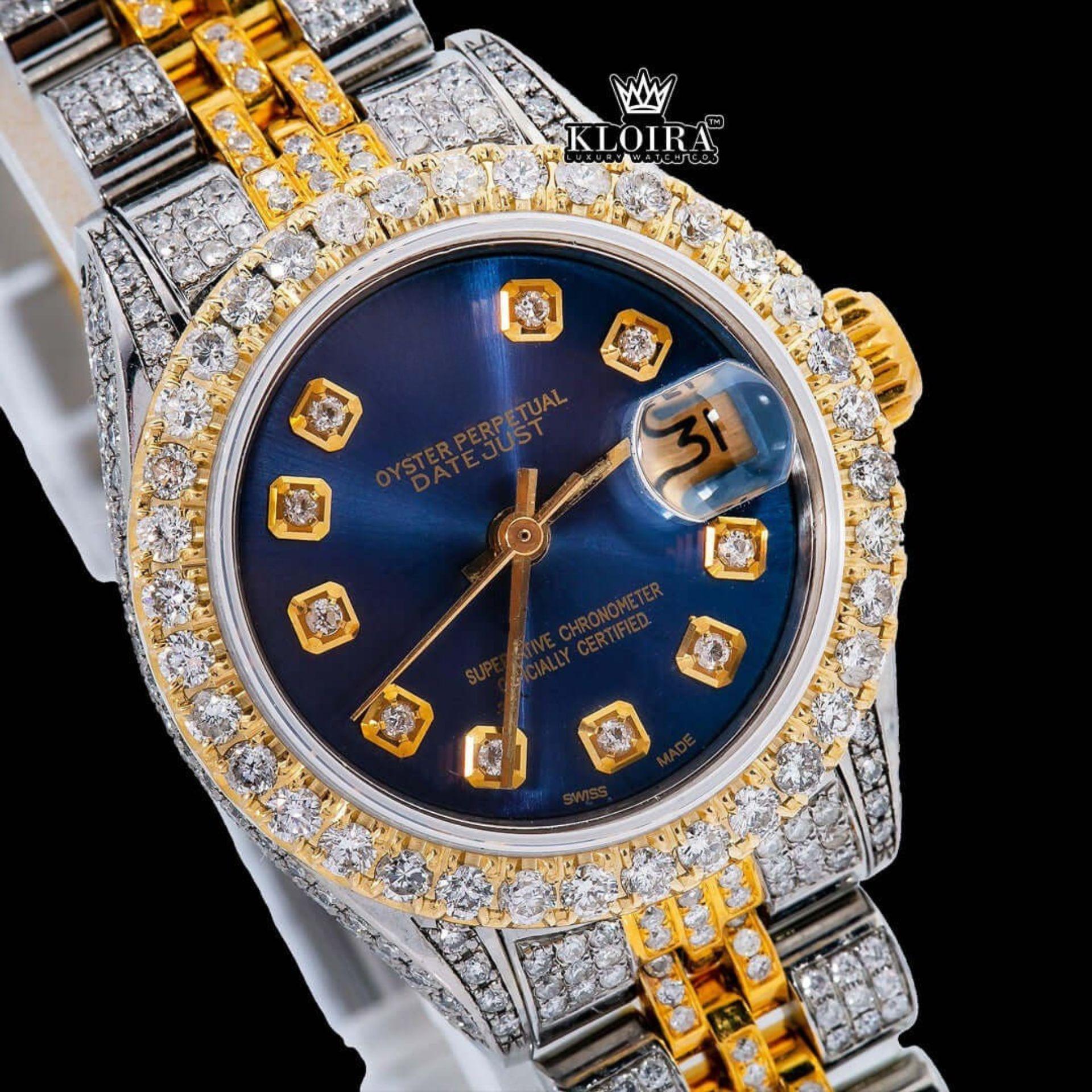 Diamond Marker Blue Dial Two Tone Iced Out Moissanite Diamond Watch Close Up Dial View