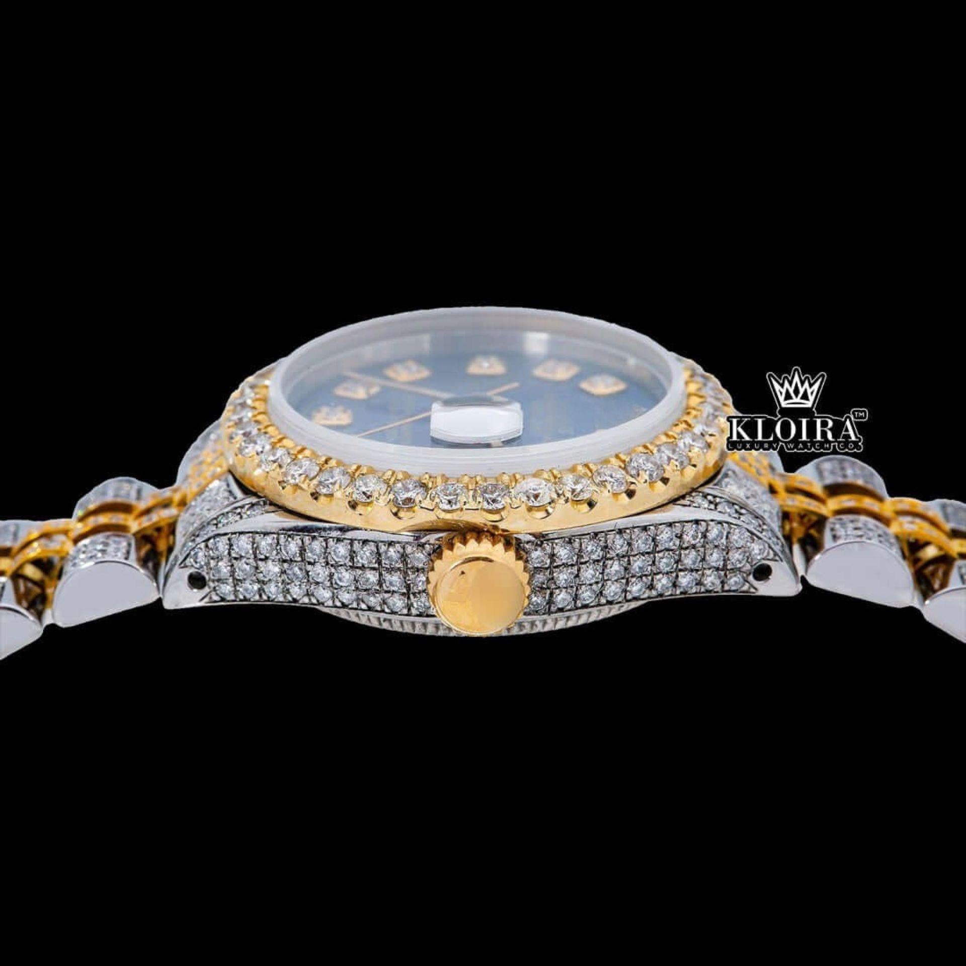 Diamond Marker Blue Dial Two Tone Iced Out Moissanite Diamond Watch Crown View
