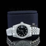 Diamond Markers Black Dial Full Iced Out Moissanite Watch Close Up Front View
