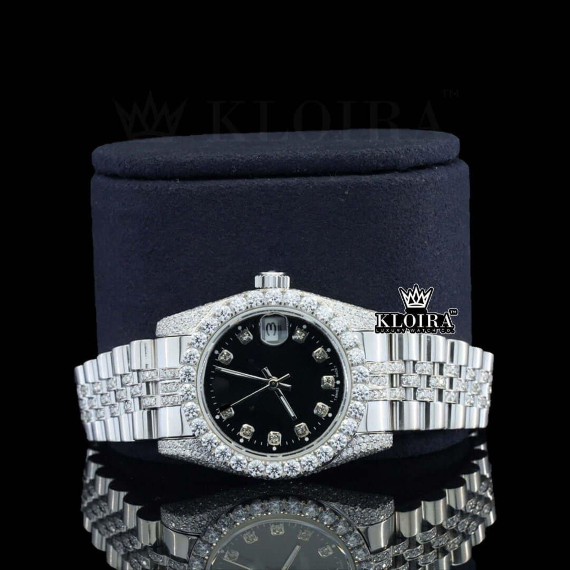 Diamond Markers Black Dial Full Iced Out Moissanite Watch Close Up Front View