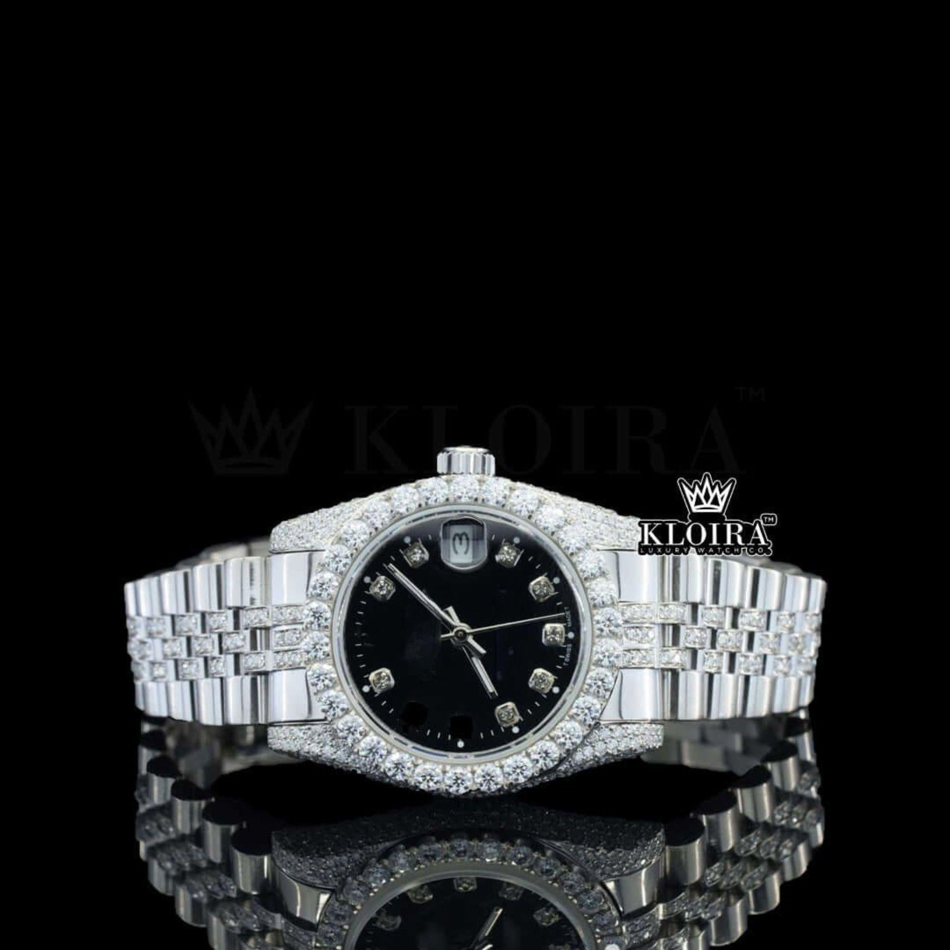 Diamond Markers Black Dial Full Iced Out Moissanite Watch Front View