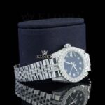 Diamond Markers Black Dial Full Iced Out Moissanite Watch Right Profile View