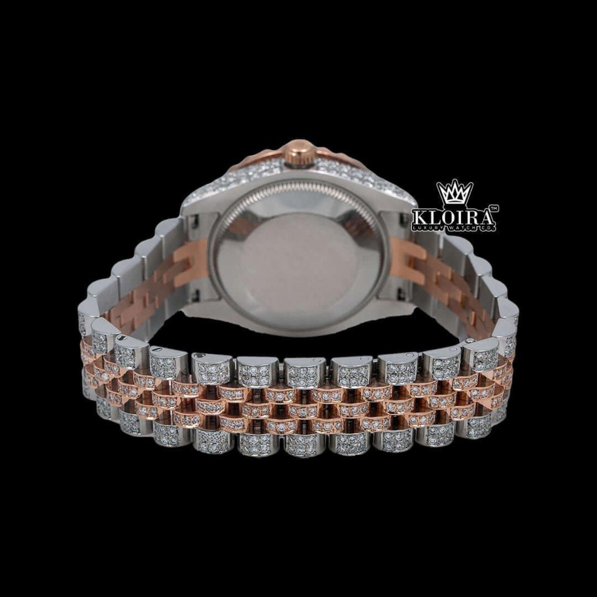 Diamond Markers Black Dial Two Tone Classic Link Strap Moissanite Watch Caseback View