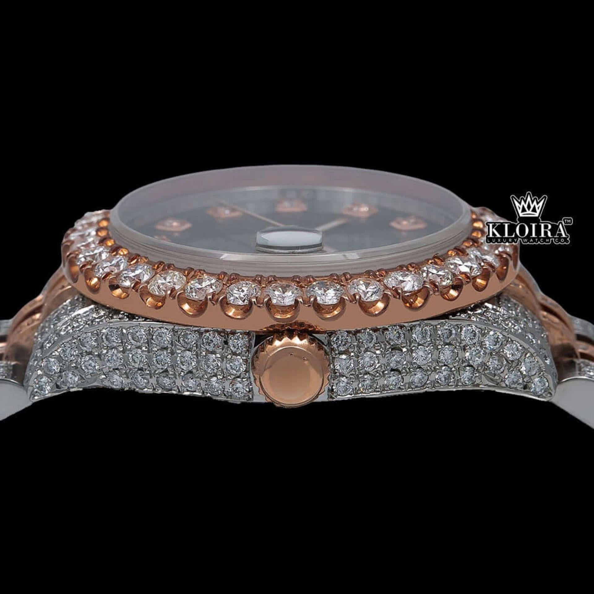 Diamond Markers Black Dial Two Tone Classic Link Strap Moissanite Watch Crown View