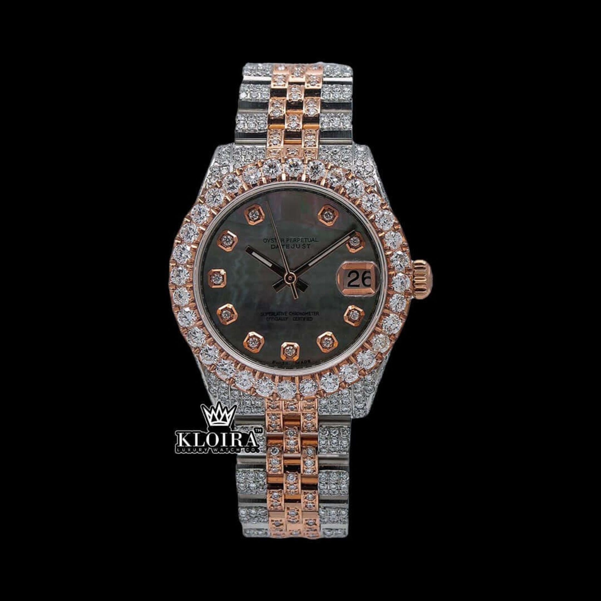 Diamond Markers Black Dial Two Tone Classic Link Strap Moissanite Watch Front View