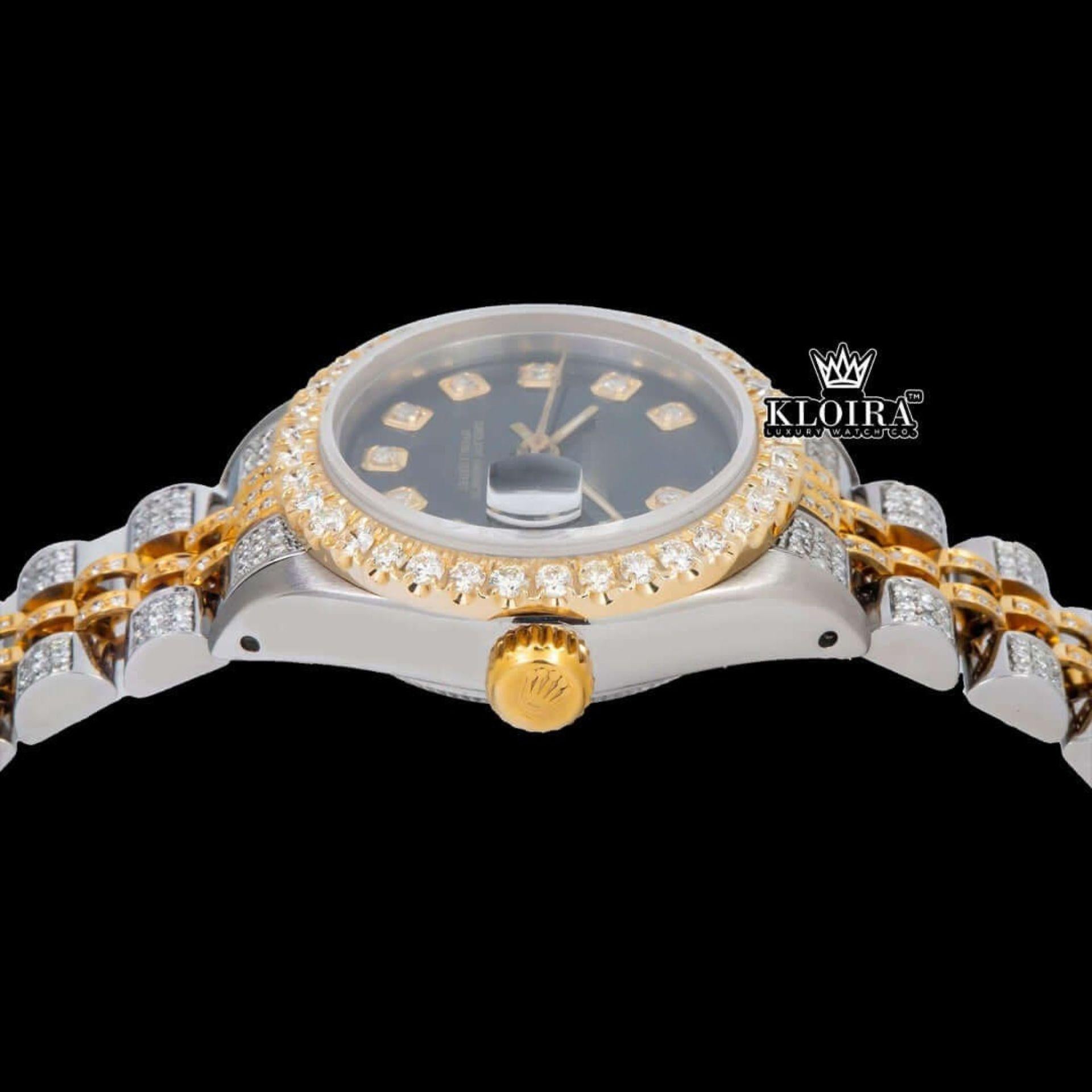 Diamond Markers Black Dial Two Tone Iced Out Moissanite Watch Crown View