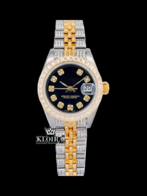 Diamond Markers Black Dial Two Tone Iced Out Moissanite Watch