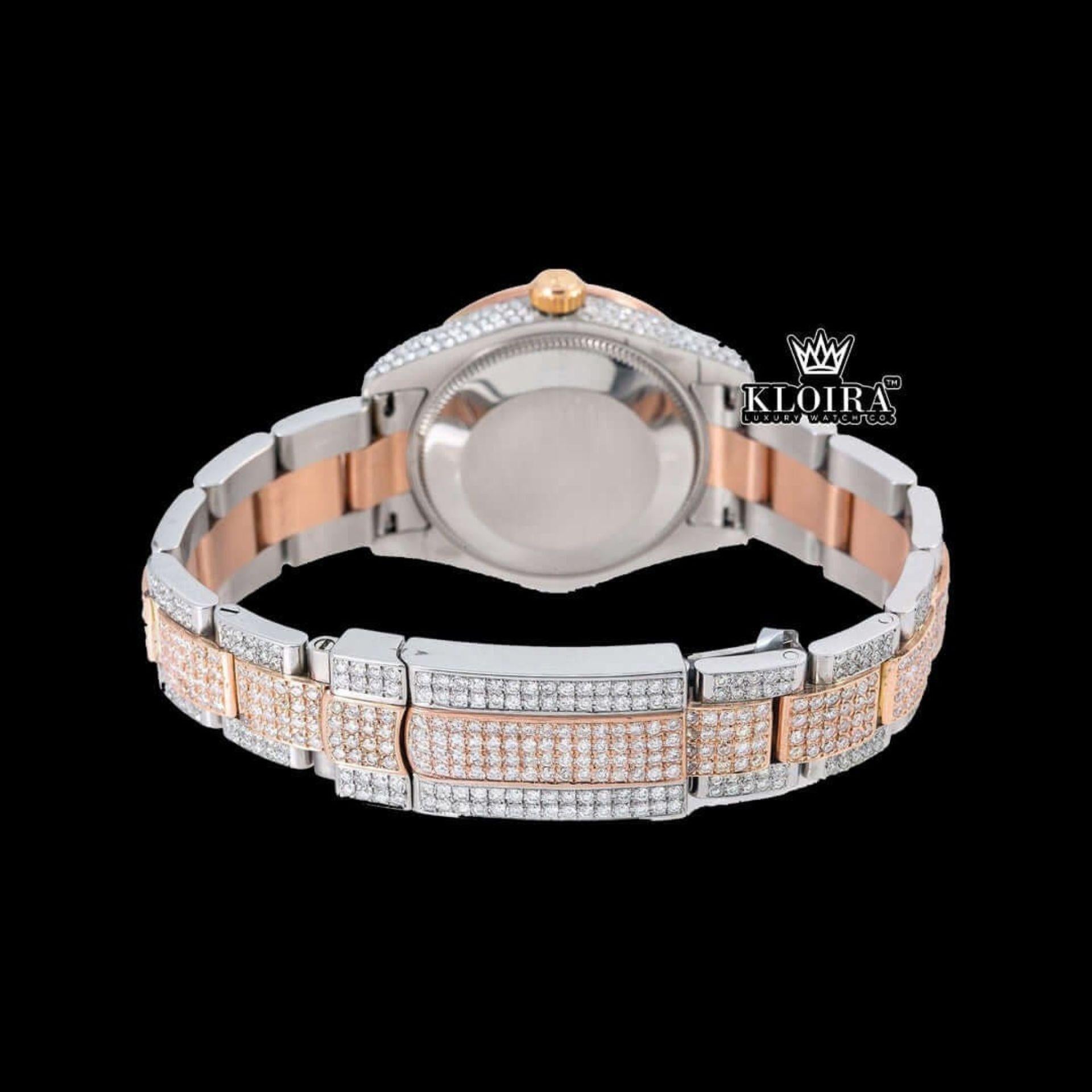 Diamond Markers Brown Dial Two Tone Iced Out Moissanite Watch Caseback View