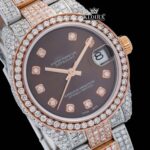 Diamond Markers Brown Dial Two Tone Iced Out Moissanite Watch Close Up Dial View
