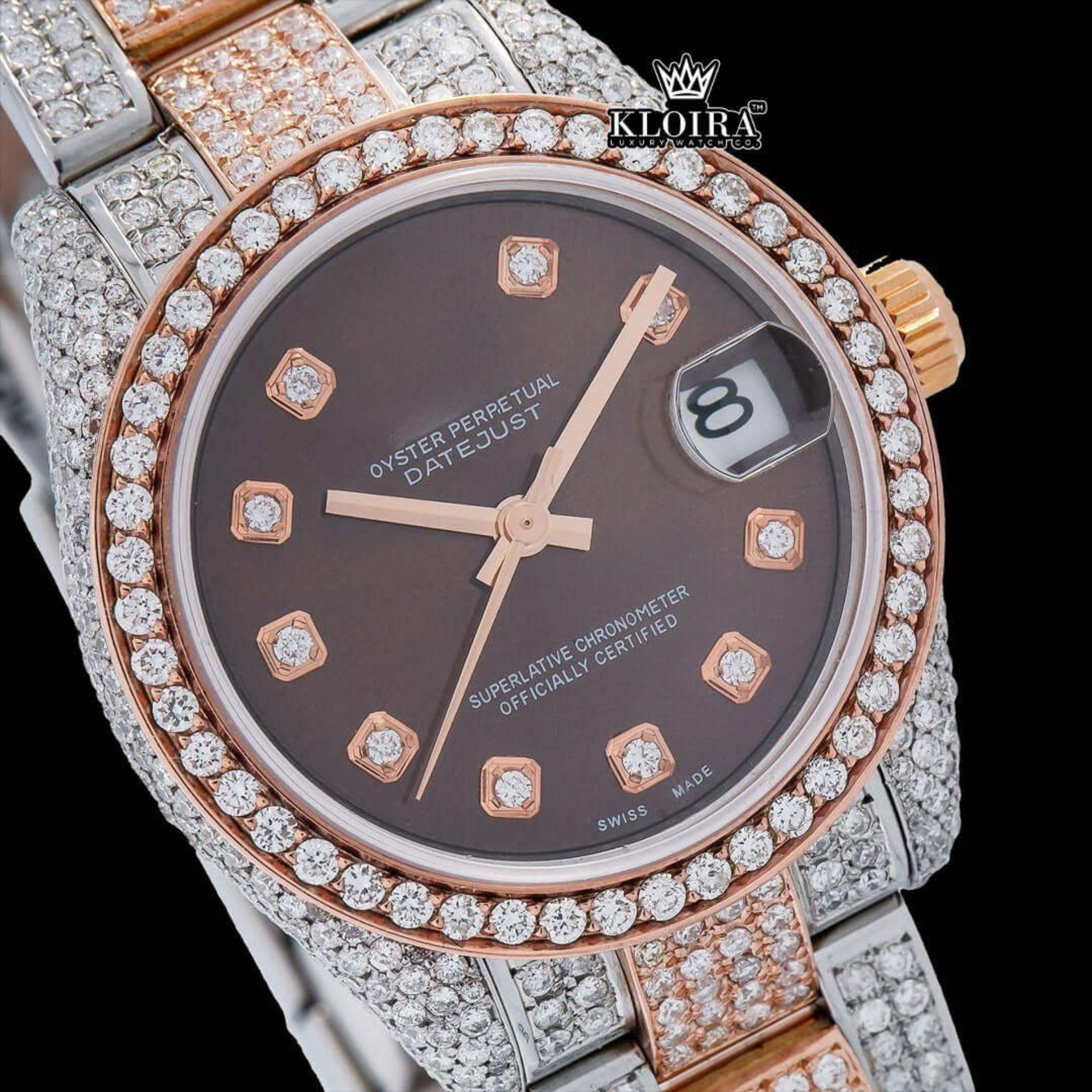 Diamond Markers Brown Dial Two Tone Iced Out Moissanite Watch Close Up Dial View