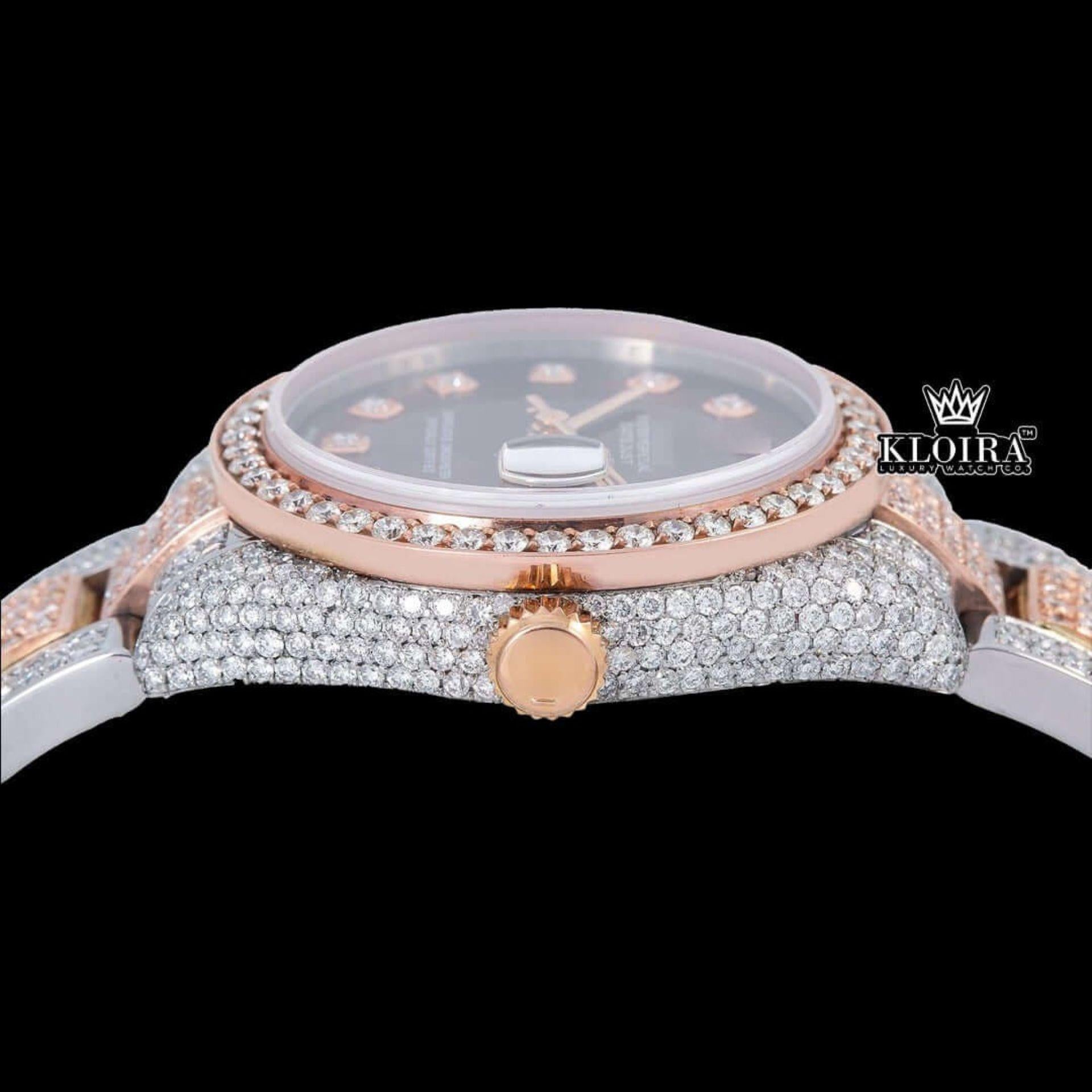 Diamond Markers Brown Dial Two Tone Iced Out Moissanite Watch Crown View