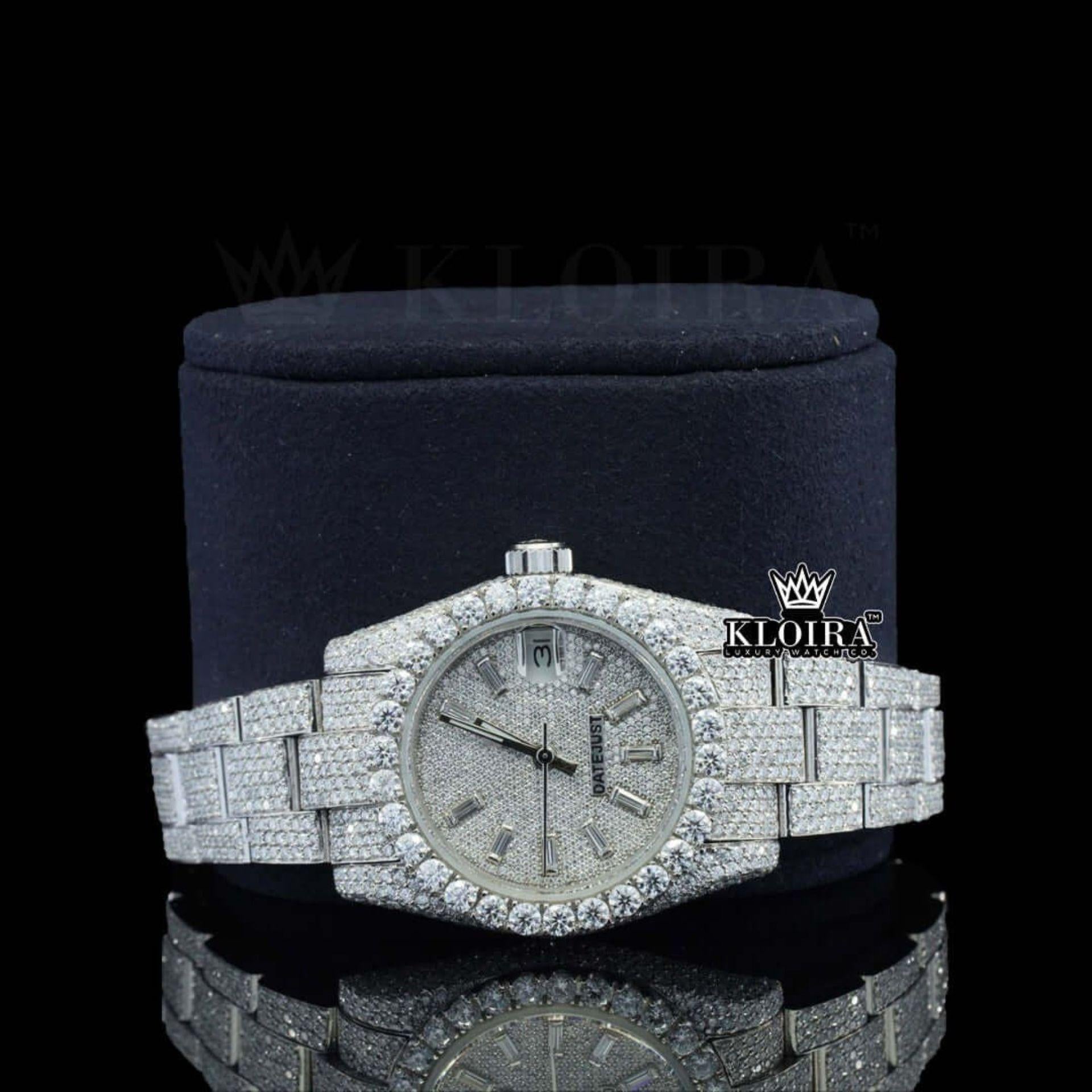 Diamond Markers Fully Bust Down White Dial Moissanite Diamond Watch Close Up Front View