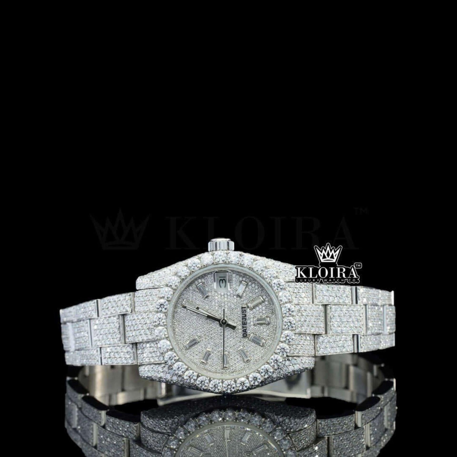 Diamond Markers Fully Bust Down White Dial Moissanite Diamond Watch Front View