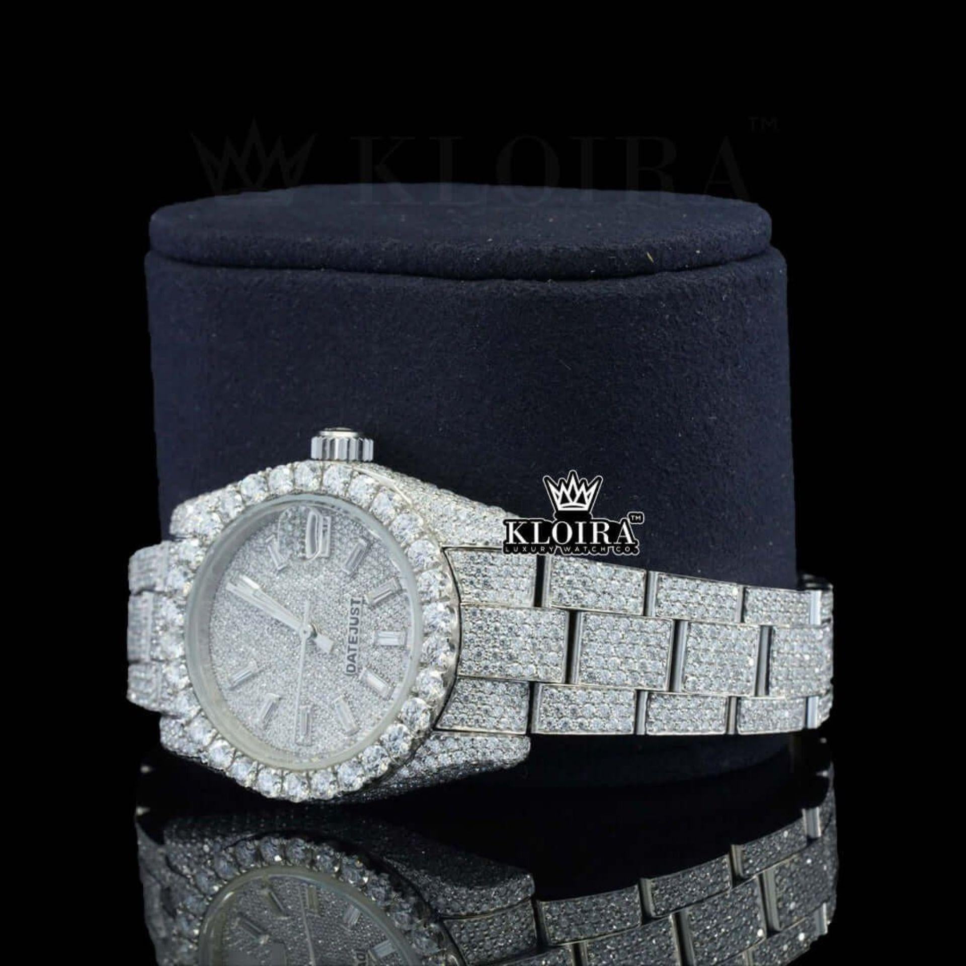Diamond Markers Fully Bust Down White Dial Moissanite Diamond Watch Left Profile View