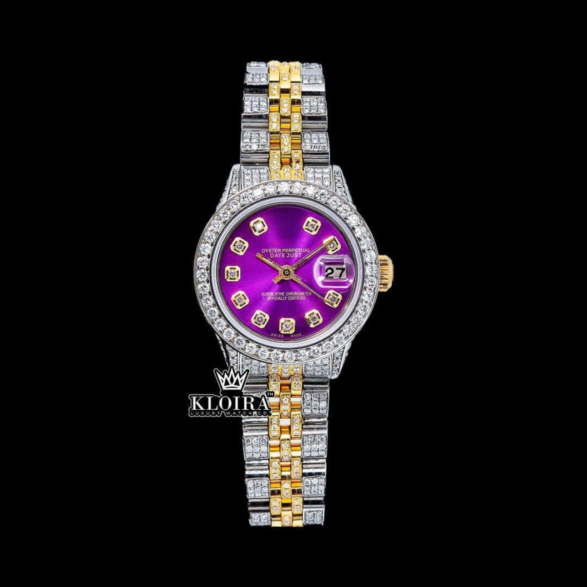 Diamond Markers Purple Dial Two Tone Moissanite Watch Front View