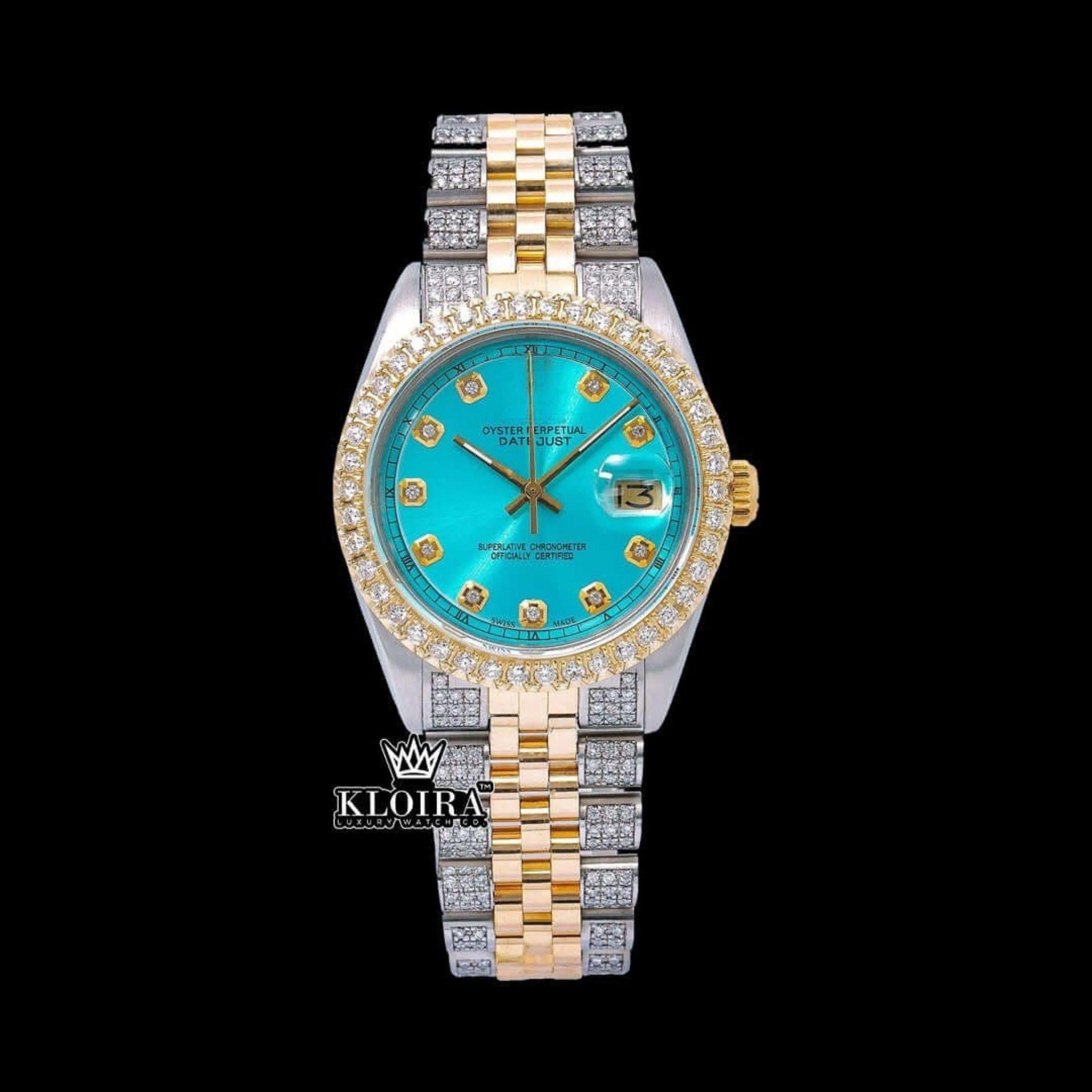 Diamond Markers Tiffany Blue Dial Two Tone Moissanite Watch Front View