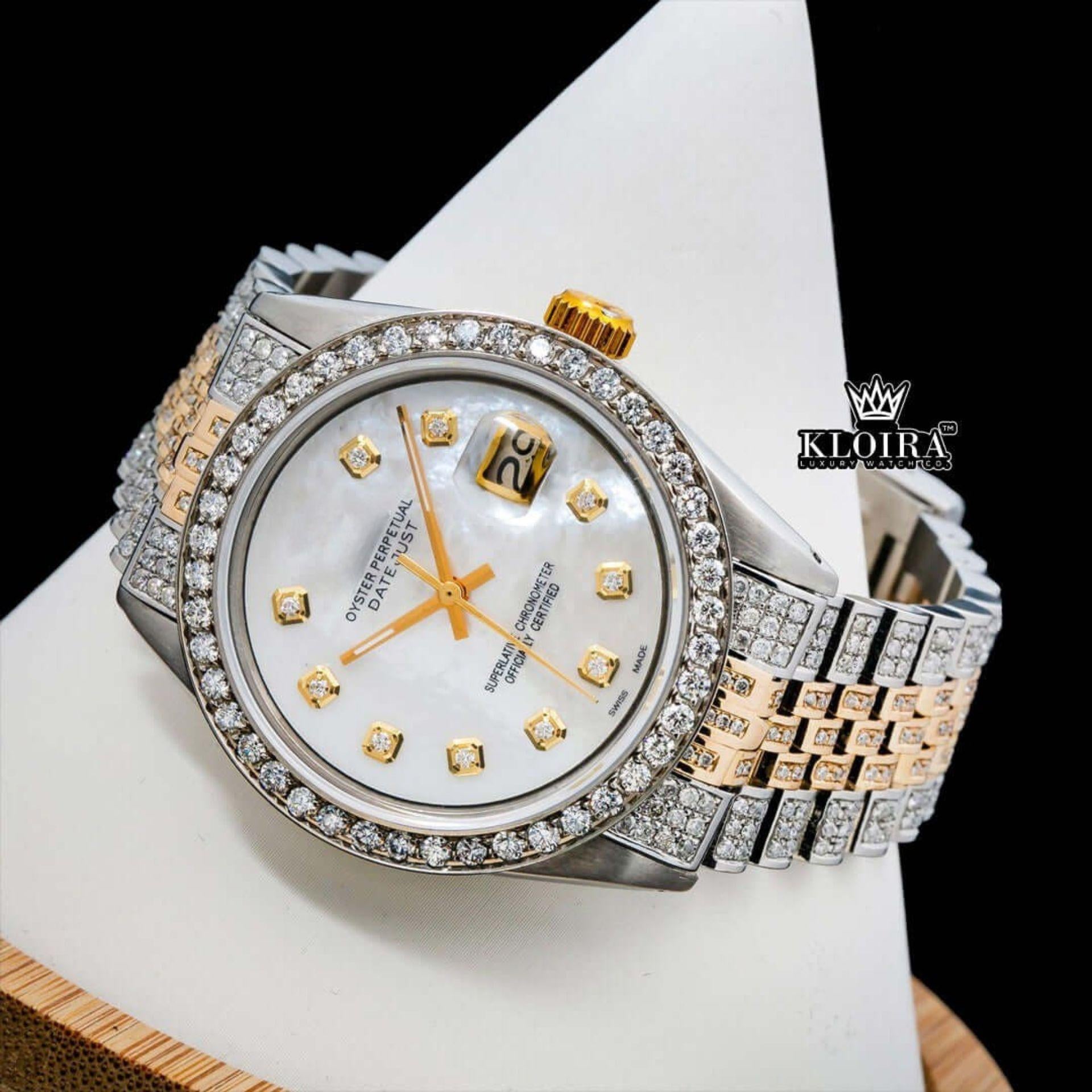 Diamond Markers White DIal Two Tone Iced Out Moissanite Watch Close Close Up Front View