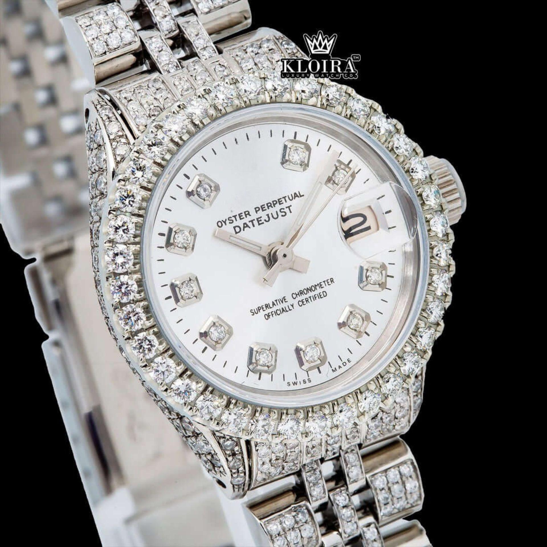 Diamond Markers White Dial Fully Iced Out Moissanite Diamond Watch Close Up Dial View