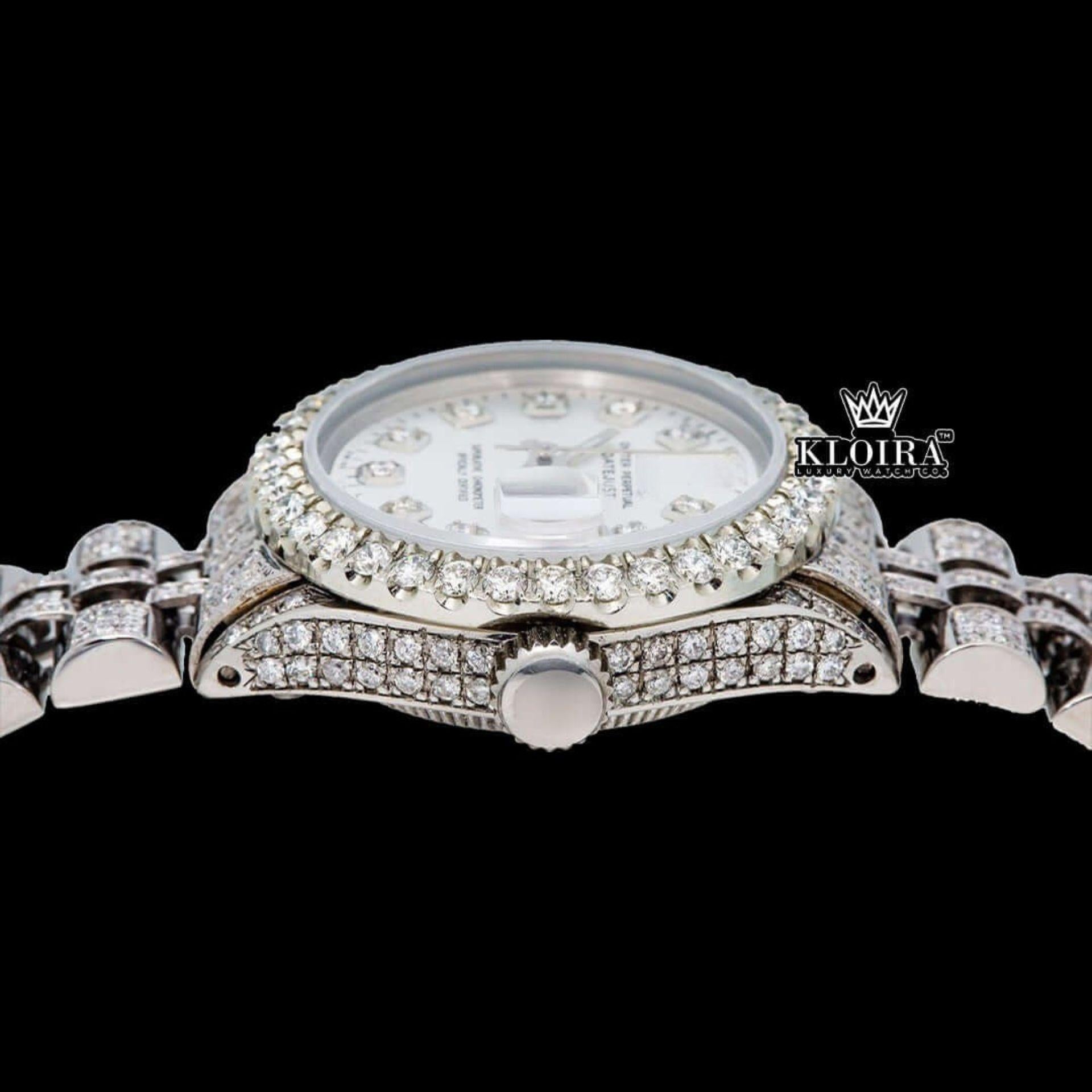Diamond Markers White Dial Fully Iced Out Moissanite Diamond Watch Crown View