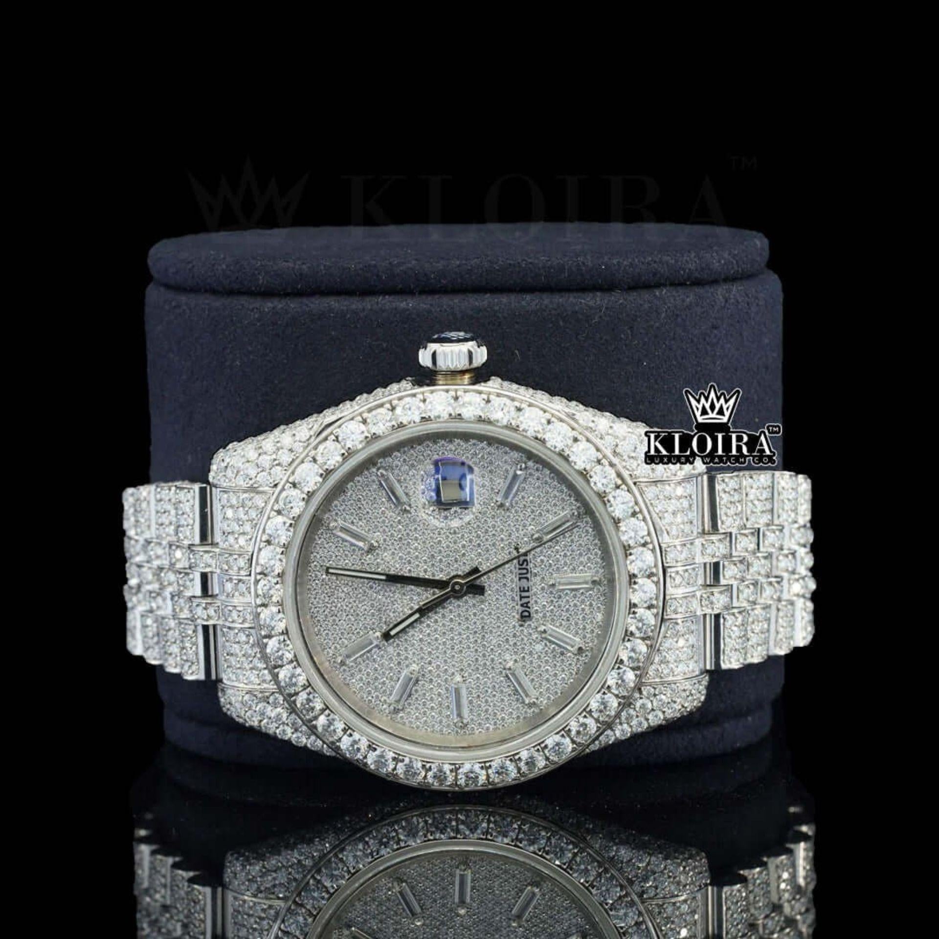 Diamond Markers White Dial Fully Iced Out Moissanite Watch Close Up Front View