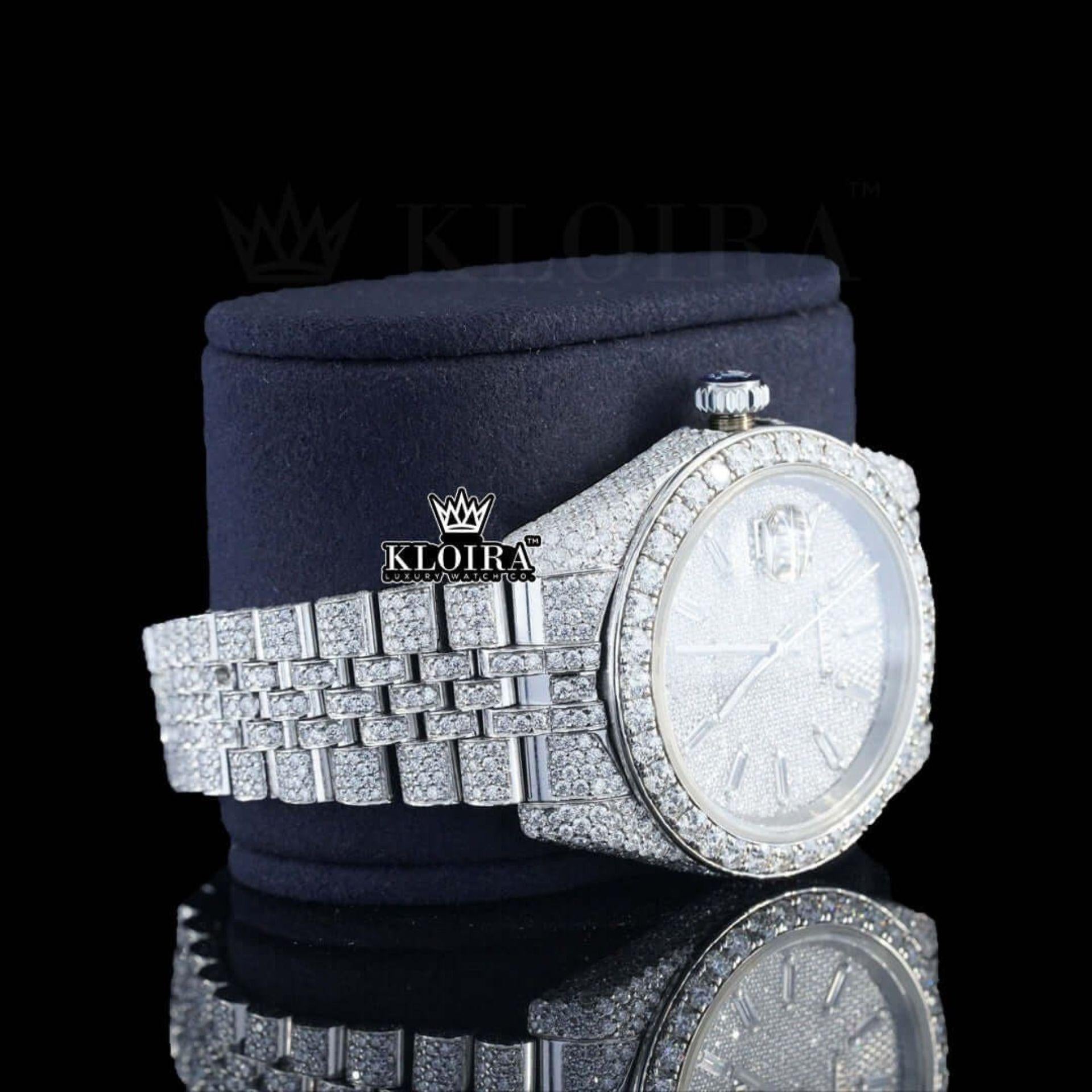 Diamond Markers White Dial Fully Iced Out Moissanite Watch Right Profile View