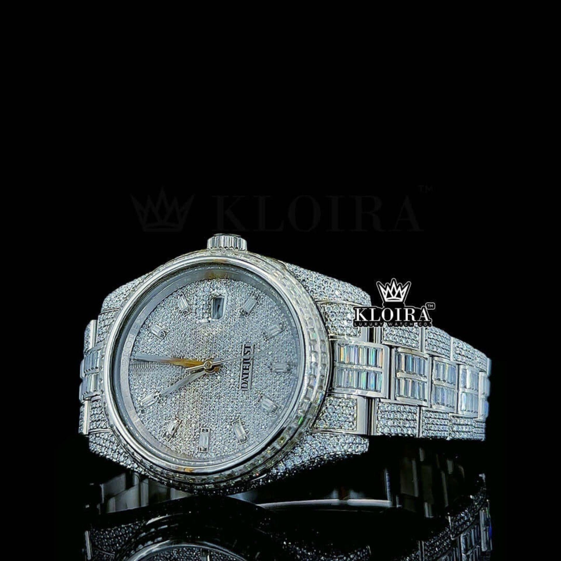 Diamond Markers White Dial Fully Iced Out White Gold Moissanite Watch Close Up Dial View