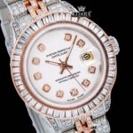 Diamond Markers White Dial Two Tone Classic Link Strap Moissanite Watch Close Up Dial View