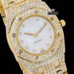 Diamond Markers White Dial Yellow Gold Moissanite Diamond Watch Close Up Dial View