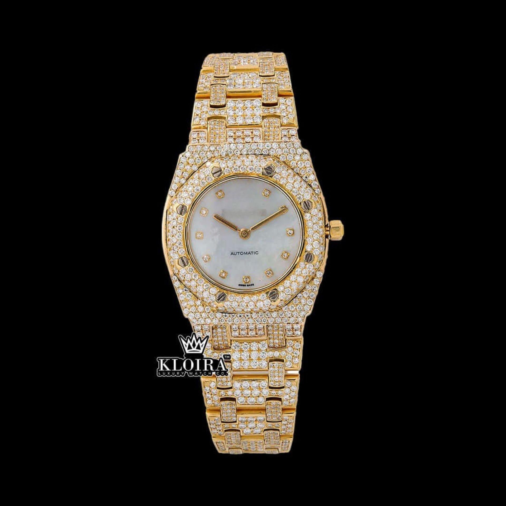 Diamond Markers White Dial Yellow Gold Moissanite Diamond Watch Front View