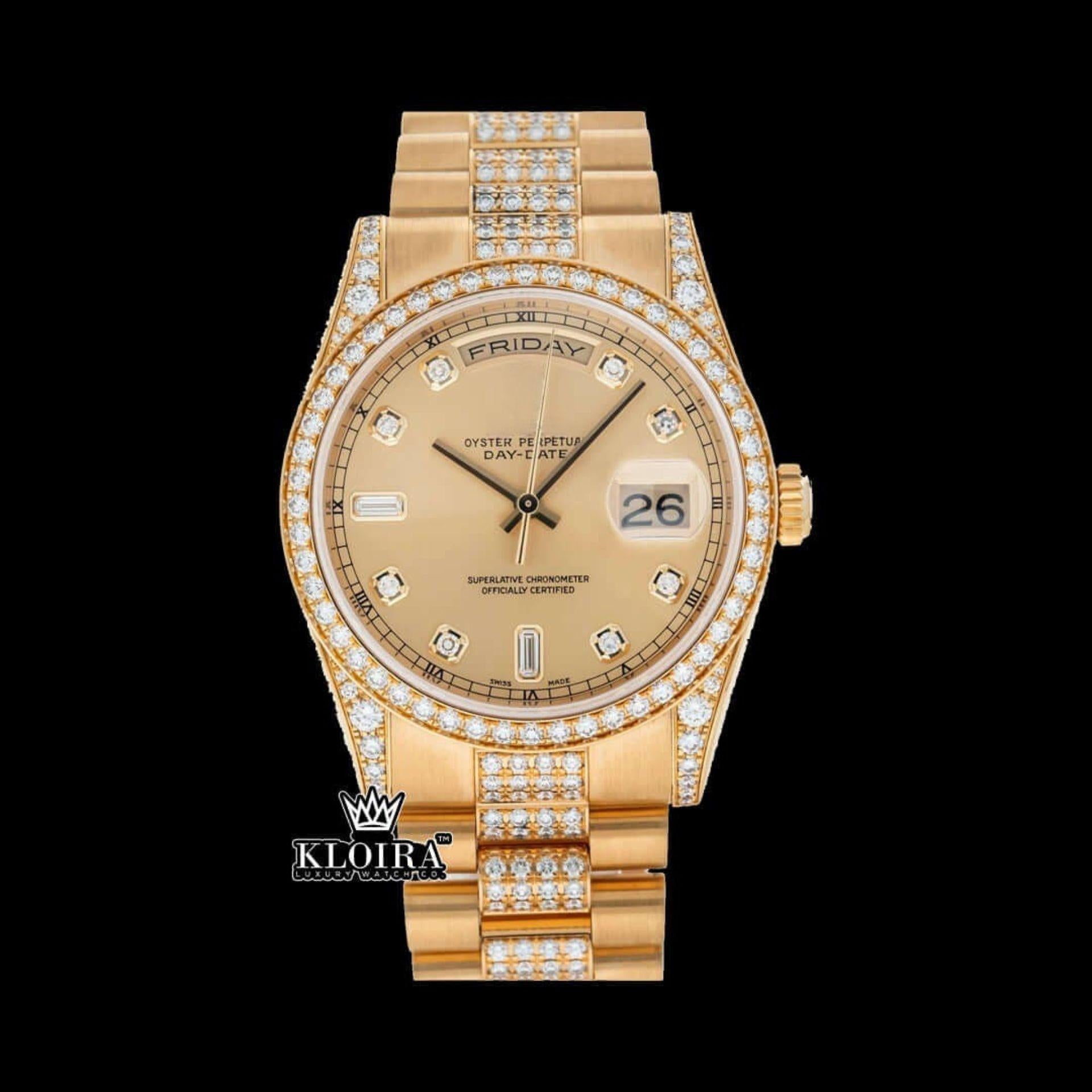 Diamond Markers Yellow Dial Day Date Display Moissanite Watch Front View